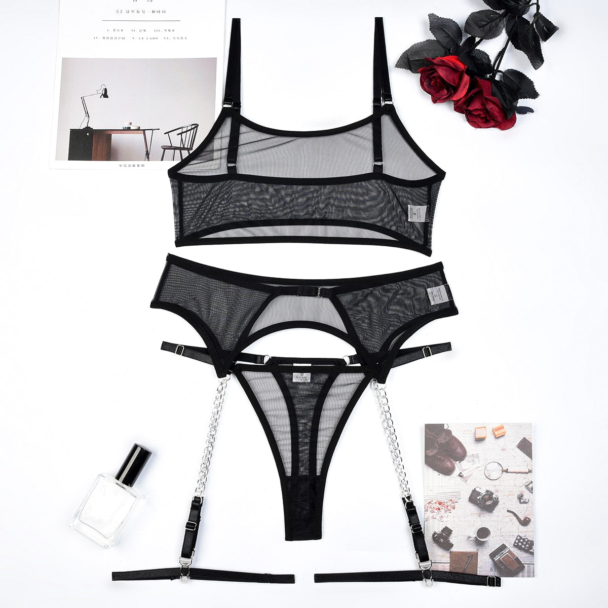Mesh Lingerie Set with Belt
