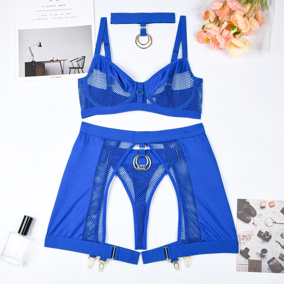 3-Piece Lingerie Set with Choker, Mesh and Metal Rings