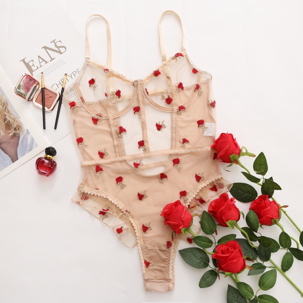 Fishnet bodysuit with rose pattern and frill