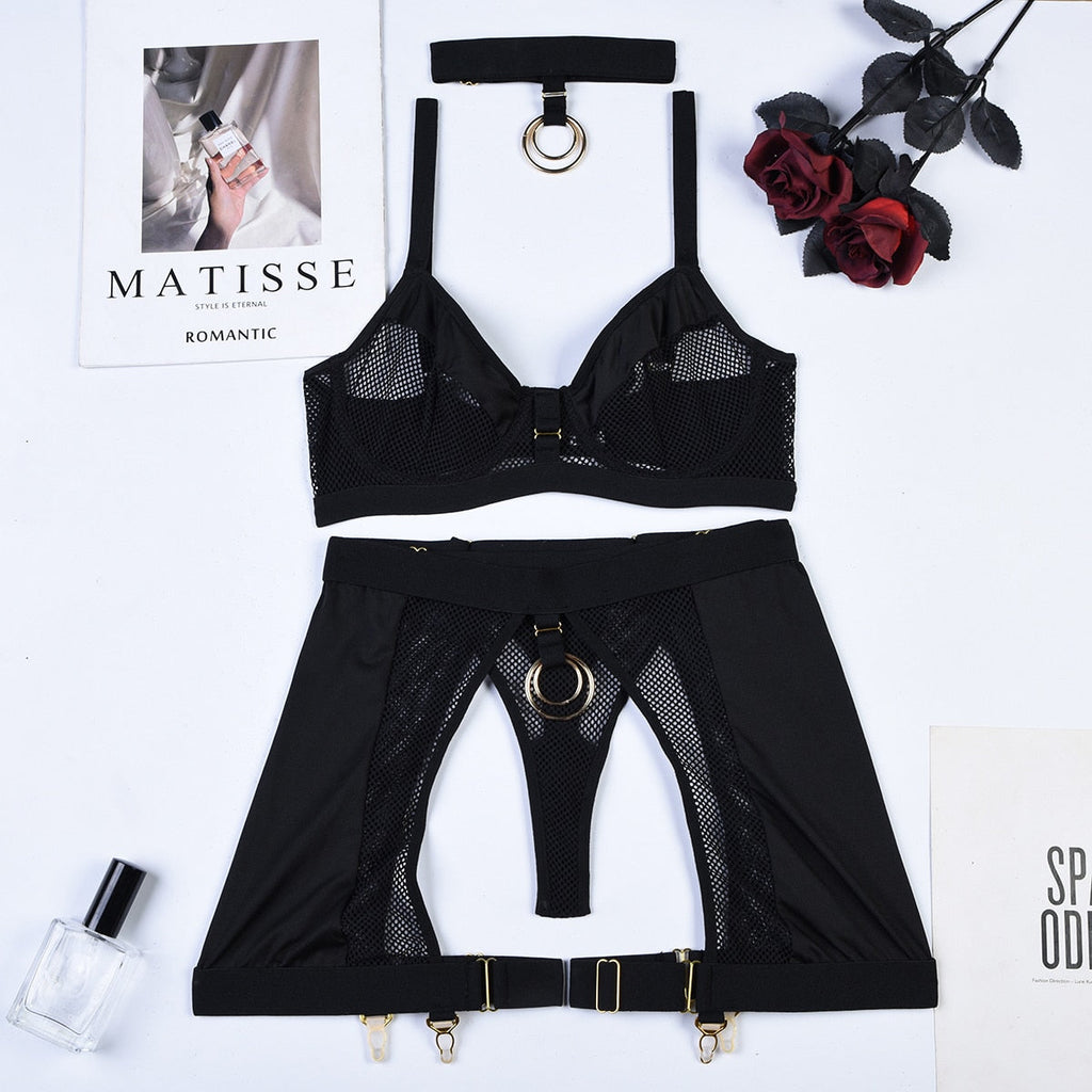 3-Piece Lingerie Set with Choker, Mesh and Metal Rings