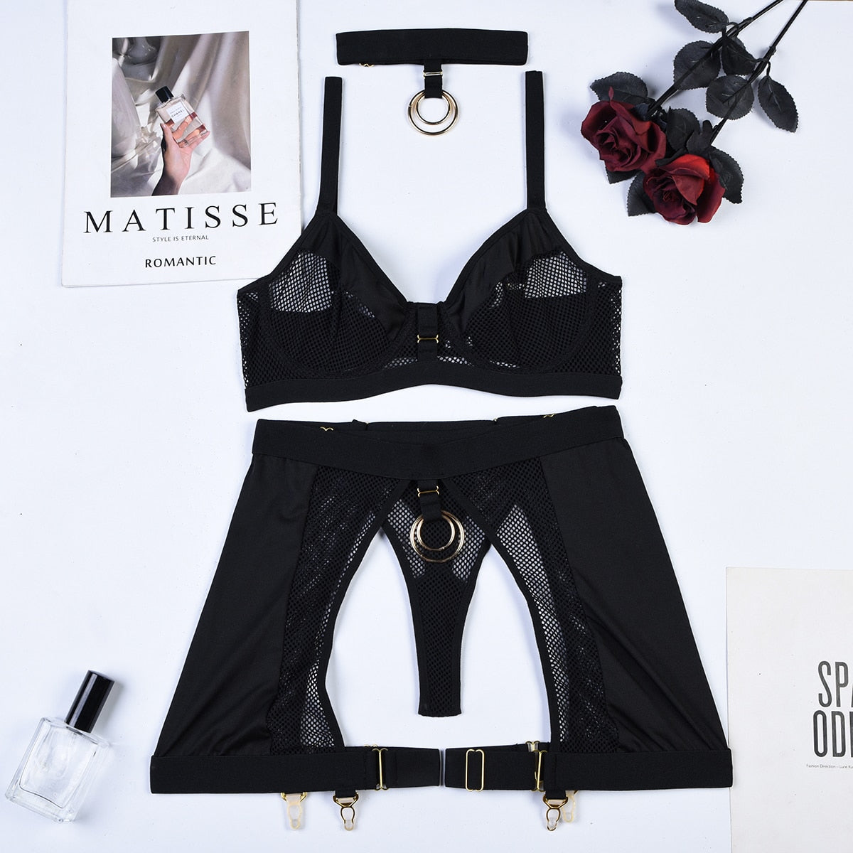 3-Piece Lingerie Set with Choker, Mesh and Metal Rings