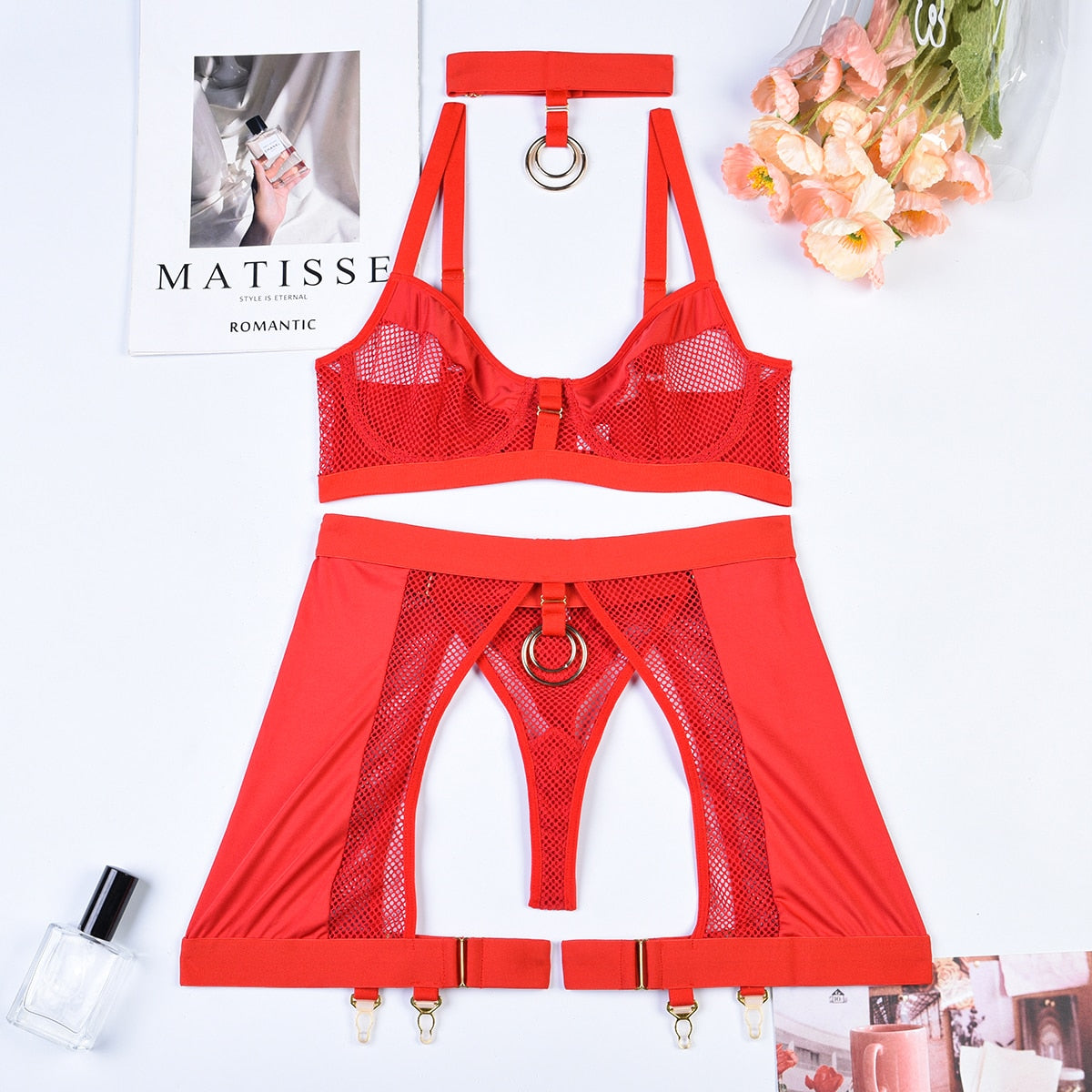 3-Piece Lingerie Set with Choker, Mesh and Metal Rings
