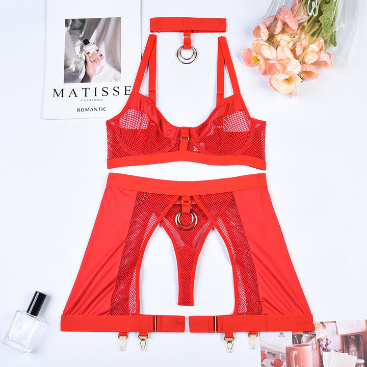 3-Piece Lingerie Set with Choker, Mesh and Metal Rings