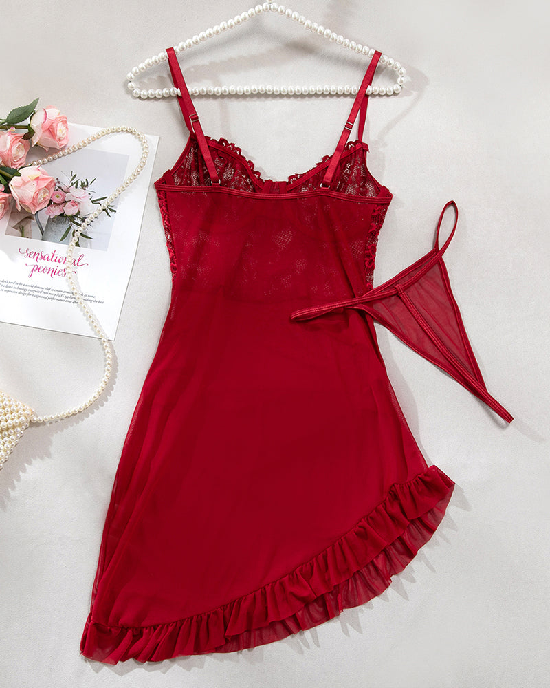 Floral Embroidery Mesh Lingerie Dress With G-string