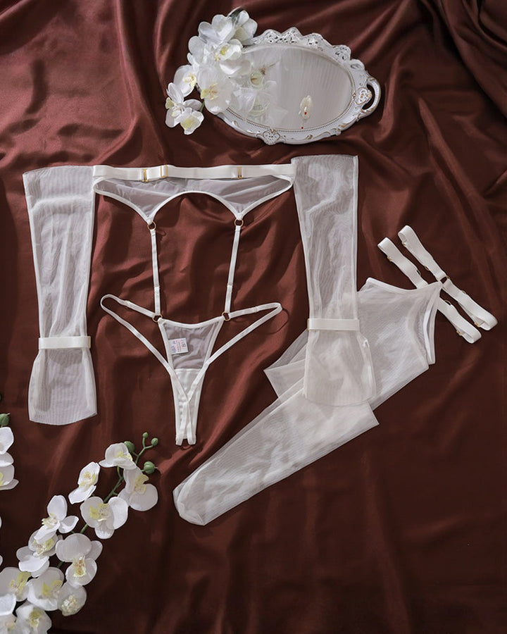 Sheer Mesh Bandeau Bodysuit with Garter Stockings and Long Gloves