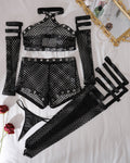 Fishnet Halter Lingerie Set+Gloves+Stockings