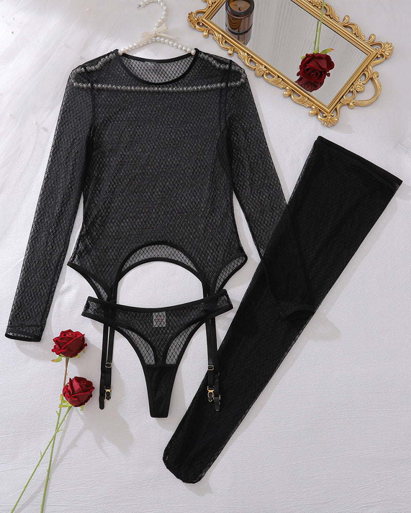 Long Sleeve Sheer Top Panty Set+Stockings