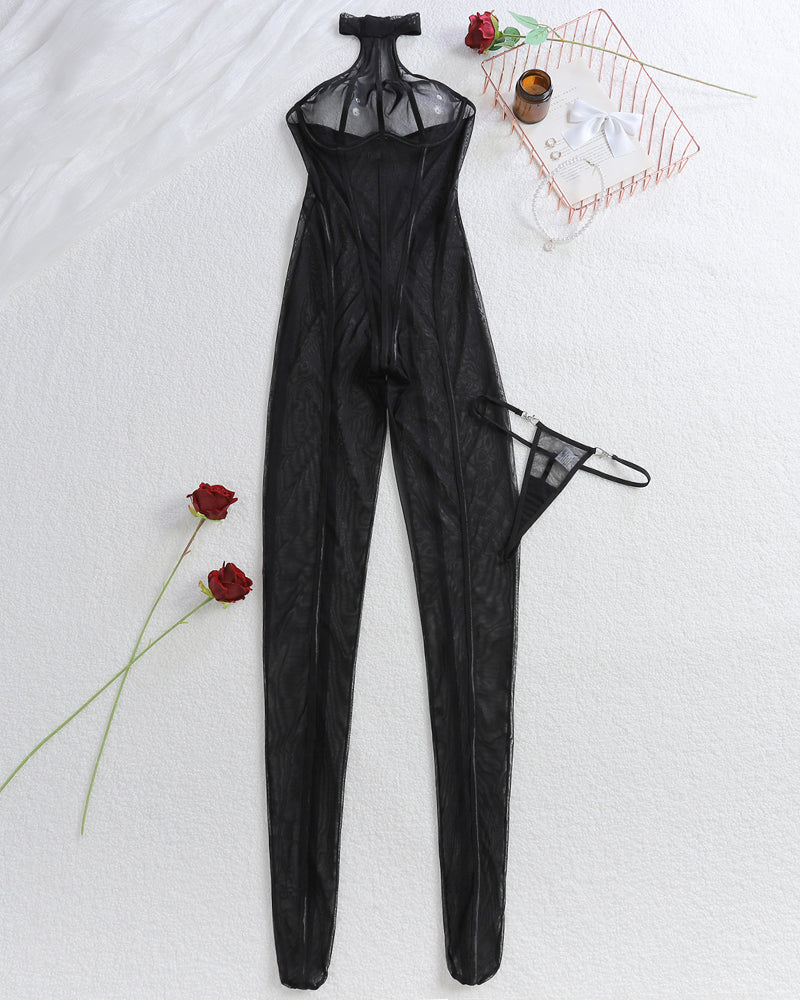 Vertical Striped Sheer Halter Bodysuit