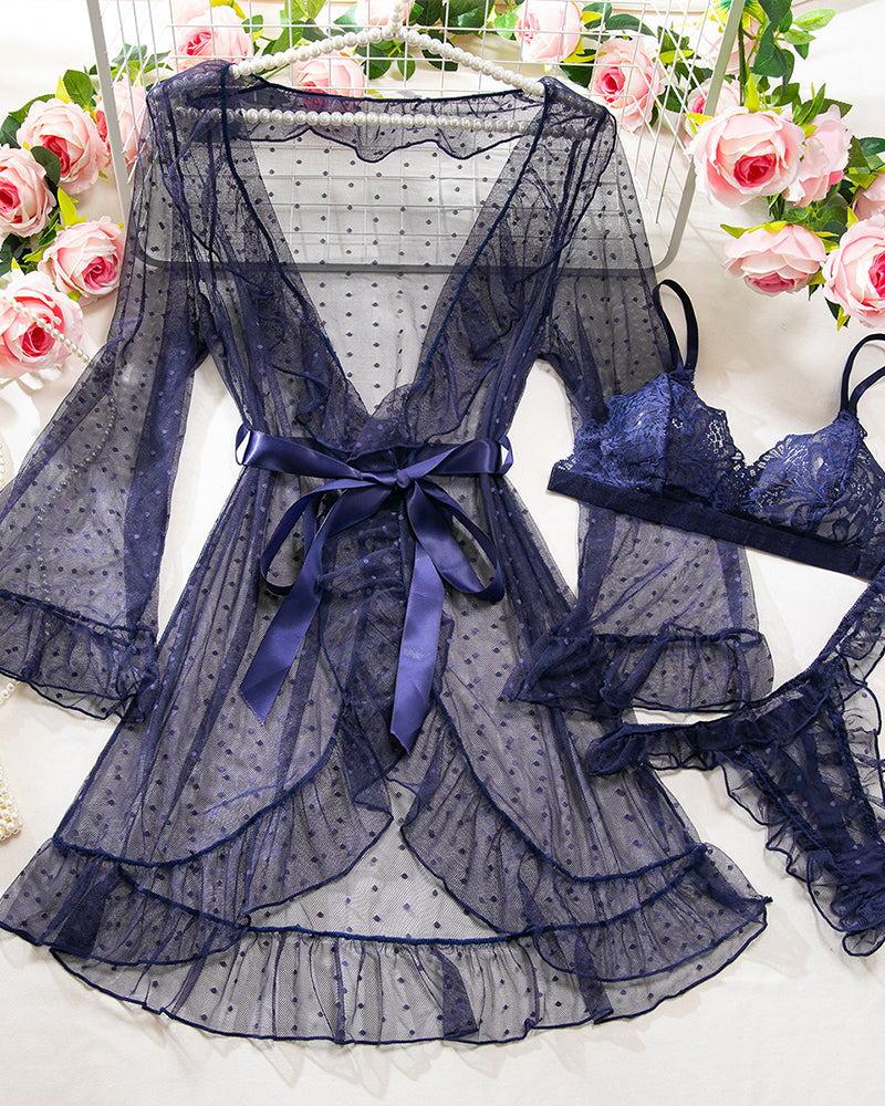 3 Piece Bra and Panties With Sheer Ruffled Robes