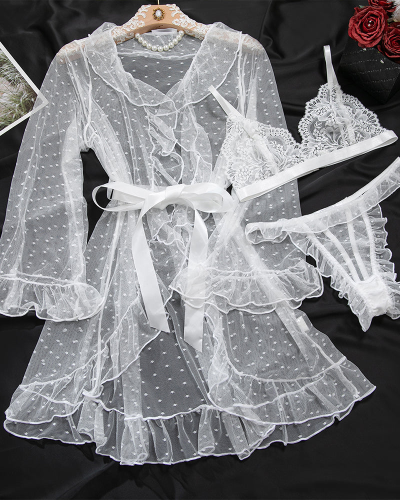 3 Piece Bra and Panties With Sheer Ruffled Robes