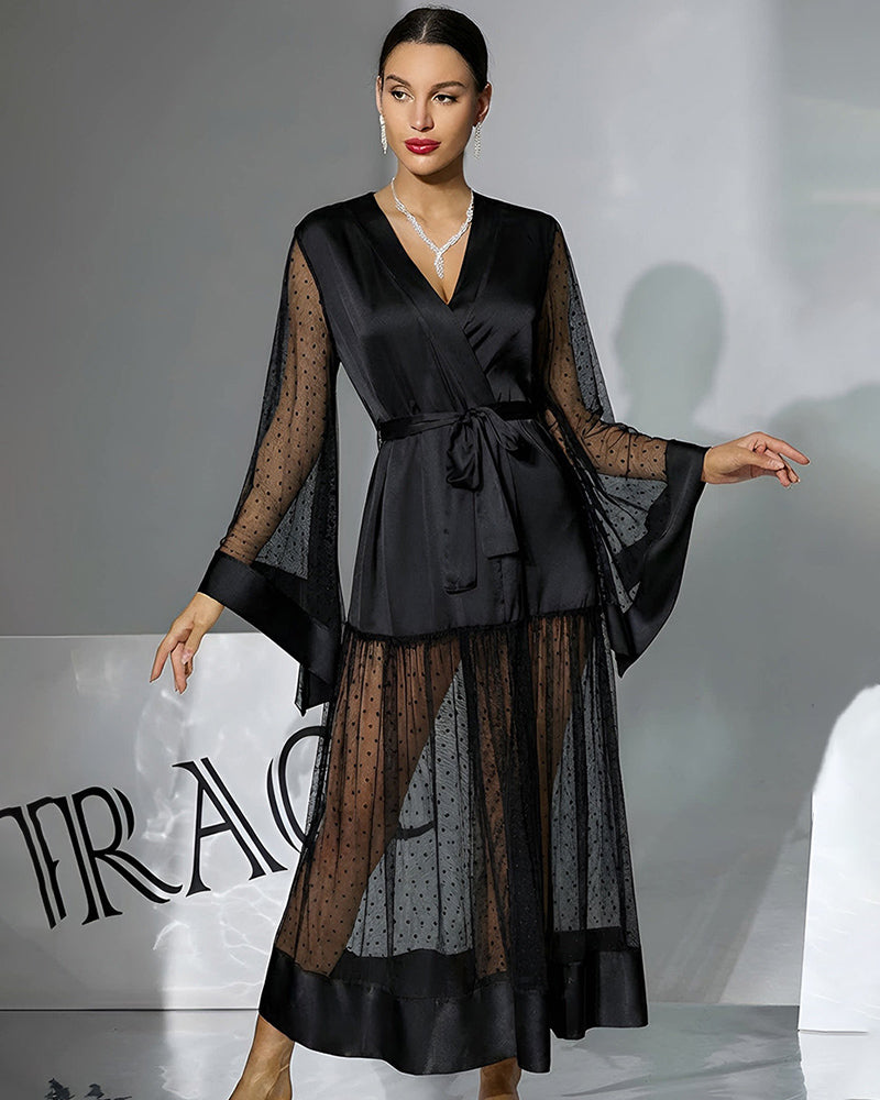 Polka-Dot Chiffon Silk Long Sleeve Robe Belted Dres