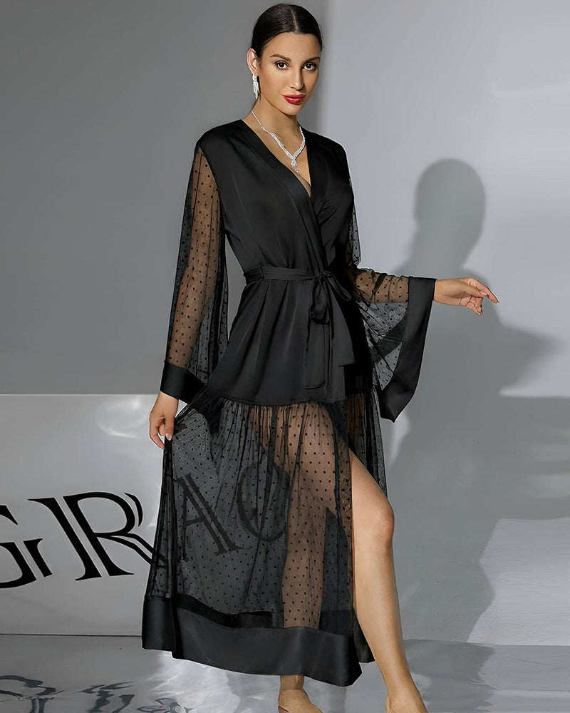 Polka-Dot Chiffon Silk Long Sleeve Robe Belted Dres