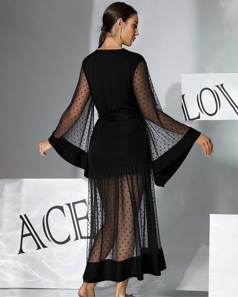 Polka-Dot Chiffon Silk Long Sleeve Robe Belted Dres