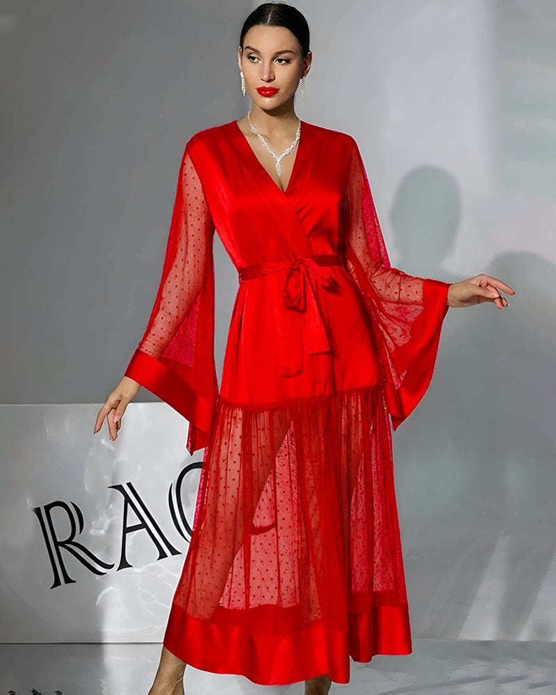 Polka-Dot Chiffon Silk Long Sleeve Robe Belted Dres