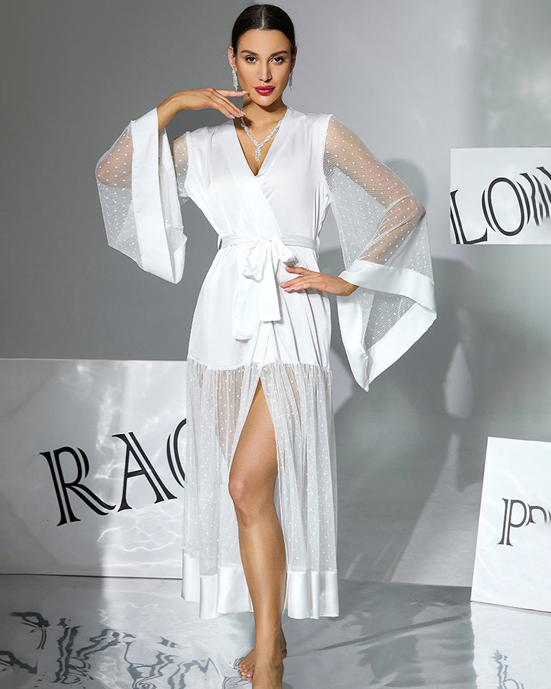 Polka-Dot Chiffon Silk Long Sleeve Robe Belted Dres