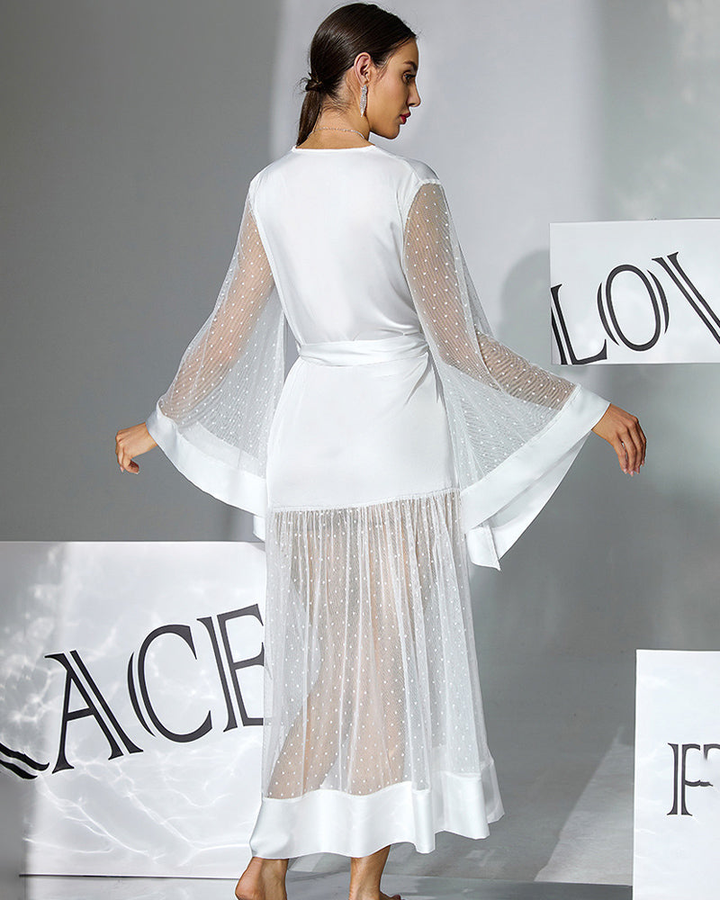 Polka-Dot Chiffon Silk Long Sleeve Robe Belted Dres
