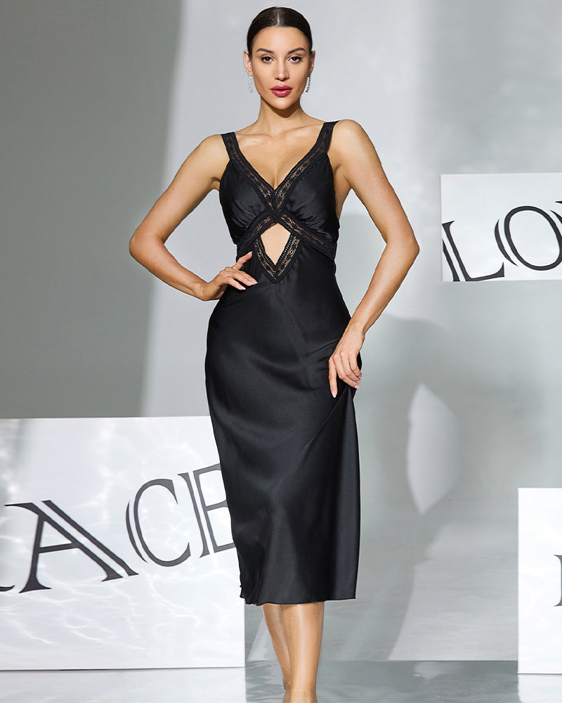 Satin Lace Removable Pads Midi Slip Dress