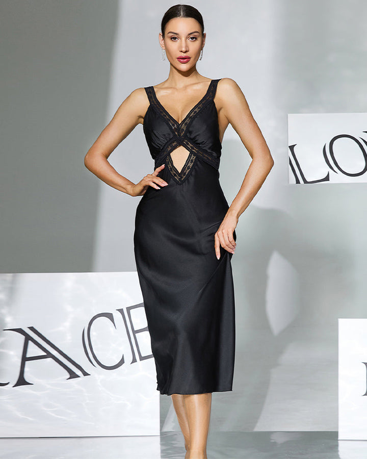 Satin Lace Removable Pads Midi Slip Dress