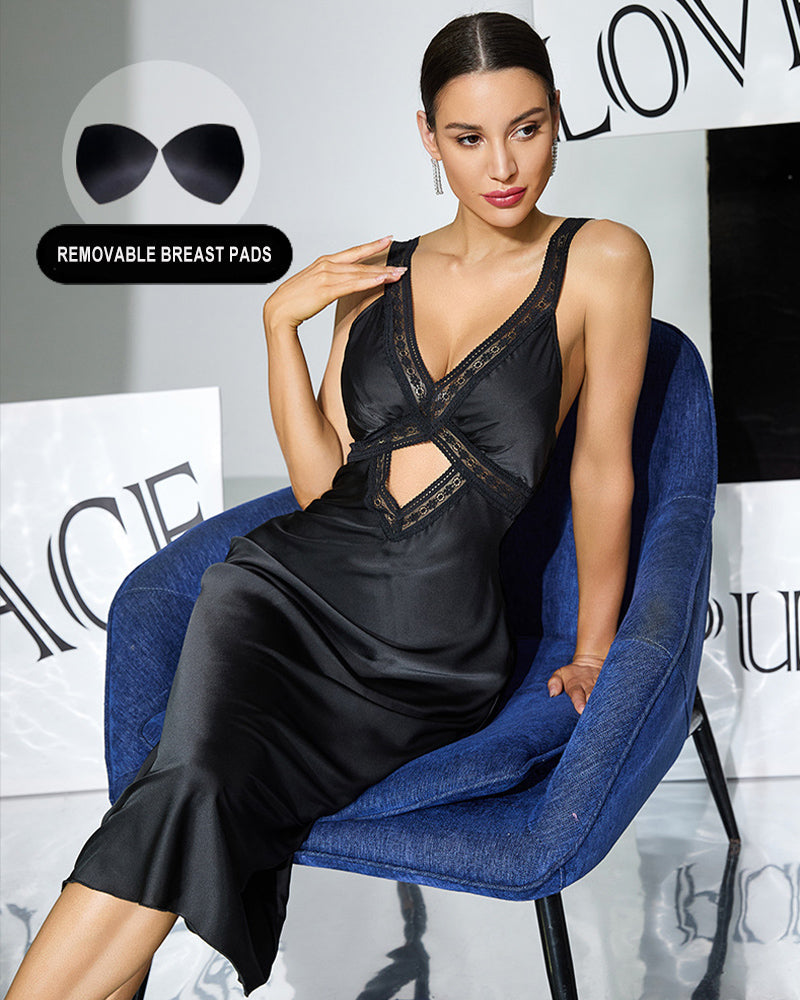 Satin Lace Removable Pads Midi Slip Dress
