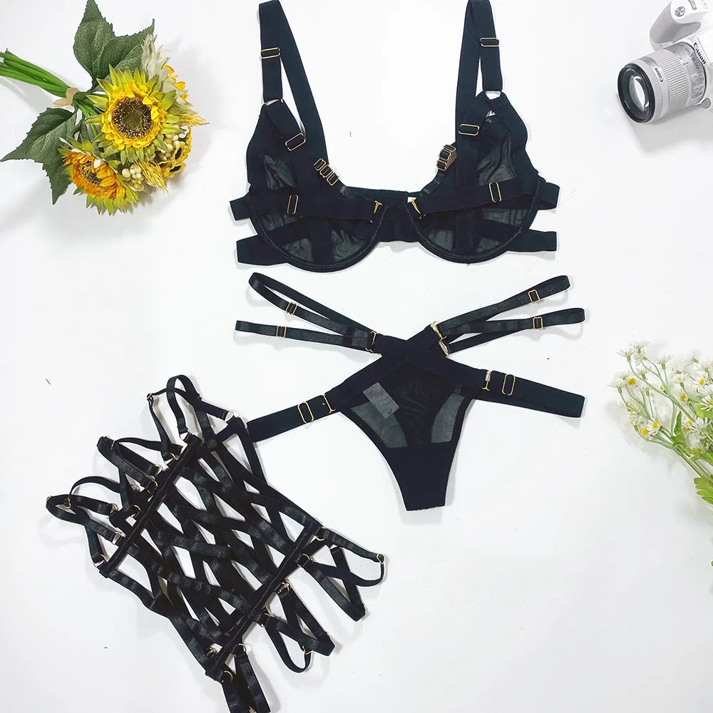 3-Piece Lingerie Set with Decorative Belt