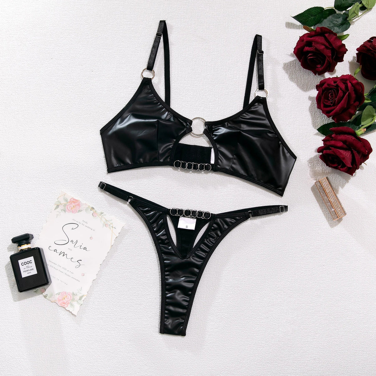 Leather Lingerie Set with High-Cut Panties